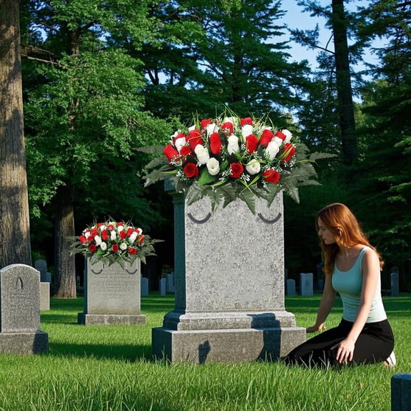 Artificial Cemetery Flower Headstone Flower Saddle Grave Rose Flowers for Cemetery Non-Bleed Colors Windpoof (Red)