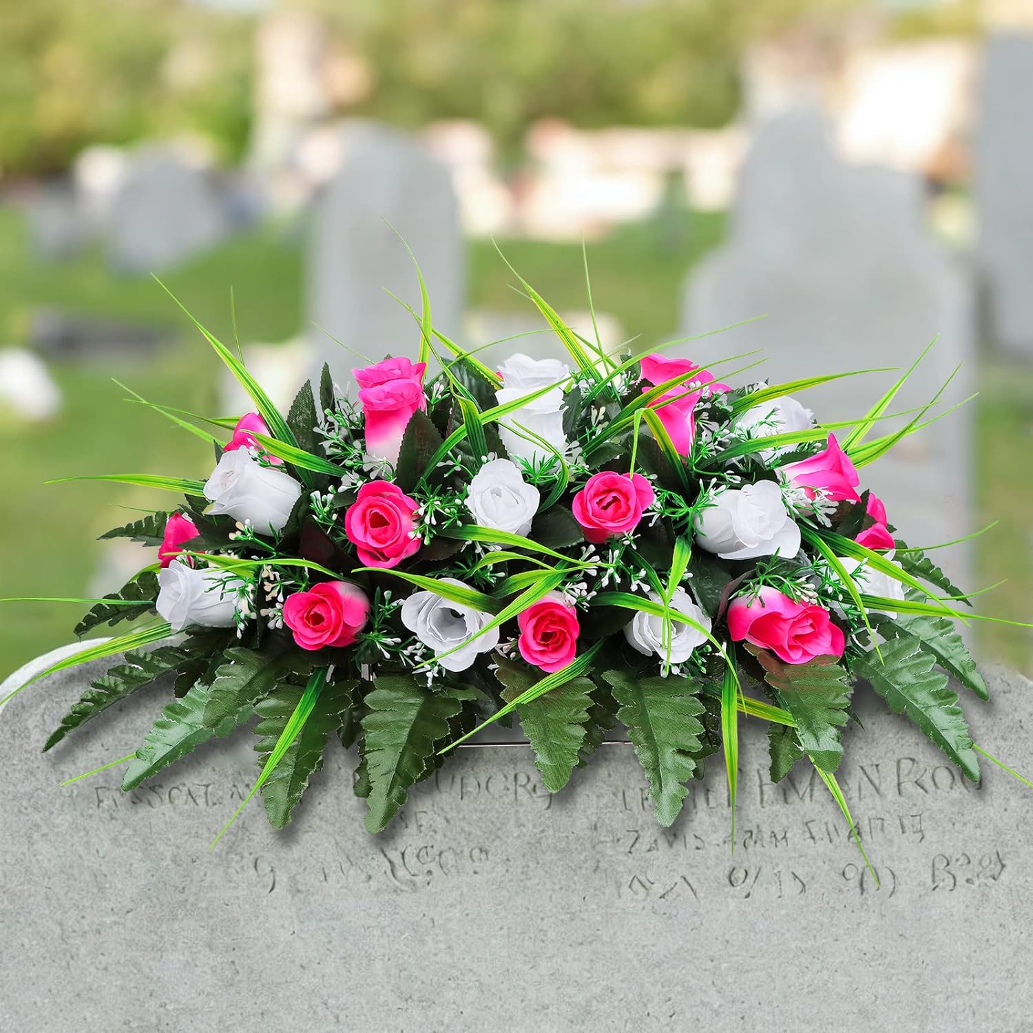 Artificial Cemetery FlowerOutdoor Grave Saddle Headstone Decorations,Pink and White Rose