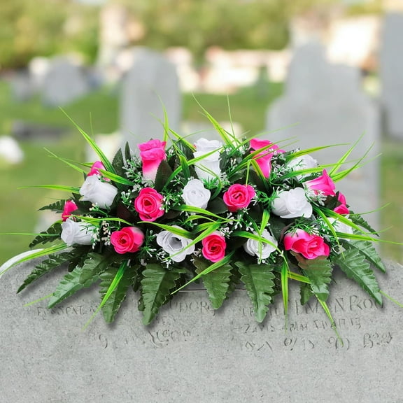 Artificial Cemetery Flower-Outdoor Grave Saddle Headstone Decorations,Pink and White Rose Memorial Day Flowers for gravesite (Pink and White)…