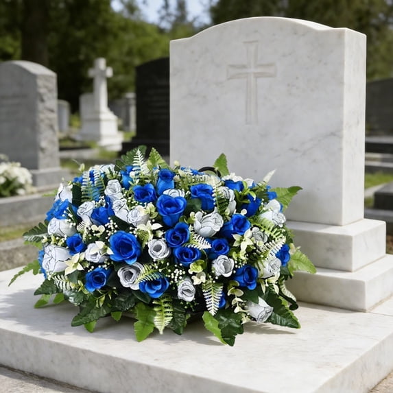 Artificial Cemetery Flower, Outdoor Grave Saddle Headstone Decorations, Rose Memorial Day Flowers for Gravesite