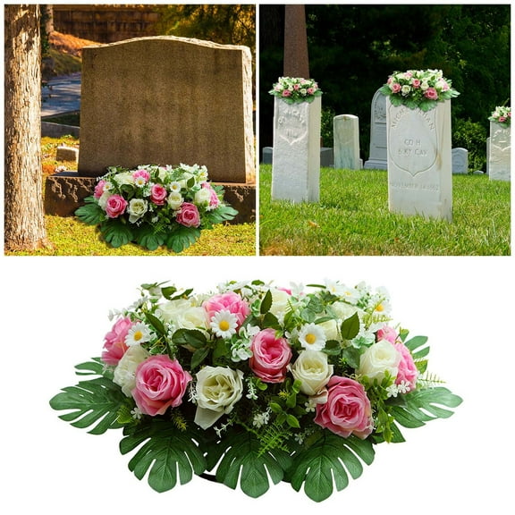 Artificial Cemetery Flower Saddle - 23.62" Rose Headstone Decor with Vase, Memorial Grave Flowers for Outdoor Tombstone Decorations (Pink and White)