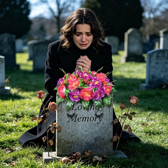 Artificial Cemetery Flower Saddle 36 Roses UV Resistant Headstone Memorial Arrangement Outdoor Grave Decoration 60×40 cm Large Windproof Tribute Flowers
