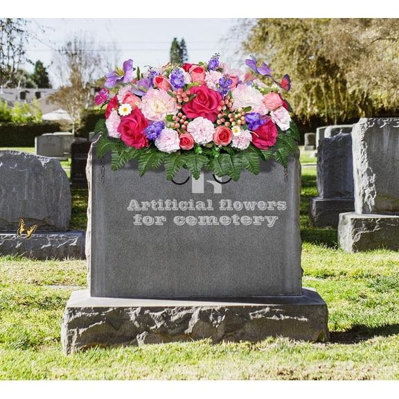 Artificial Cemetery Flower Saddle for Grave Decoration, Silk Headstone Flower Saddle for Tombstone - Rose Hibiscus Tulip, Easy Fit and Colorfast