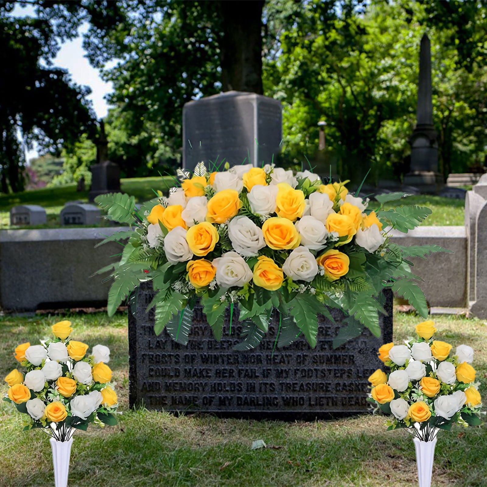 Artificial Cemetery Flower Saddles, Cemetery Memorial Flowers with Vase for Grave Tombstone Decorations, Lily Rose Headstone Flowers Saddle