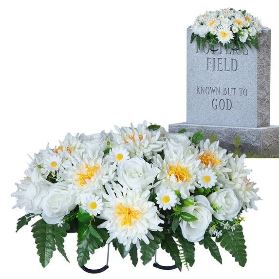 Artificial Cemetery Flower Saddles for Graves, 25"x18.5" Large Cemetery Memorial Flowers for Outdoor Tombstone Headstone Decorations, Lily Rose Daisy Flowers Saddle(White)