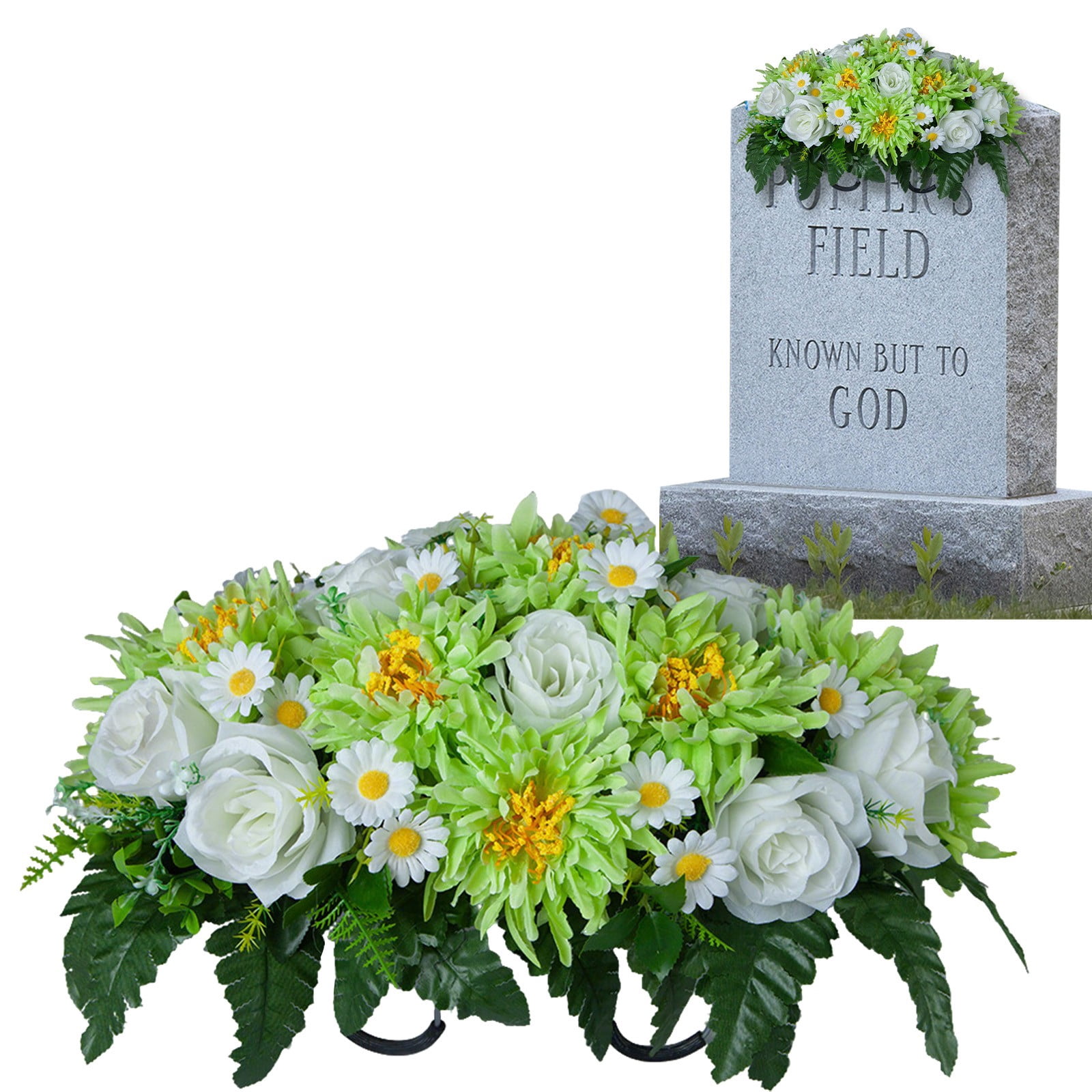 Artificial Cemetery Flower Saddles for Graves, Cemetery Memorial Flowers for Outdoor Tombstone Headstone Decorations, Lily Rose Gerbera Flowers Saddle, Green