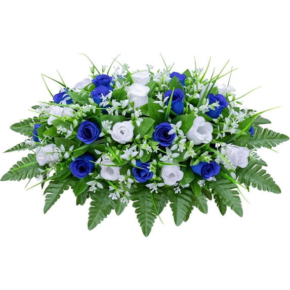 Artificial Cemetery Flower Saddles for Graves, Silks Artificial Cemetery Flowers, Cemetery Memorial for Cemetery Headstones Decoration Outdoor Memorial Decorations (Blue White)