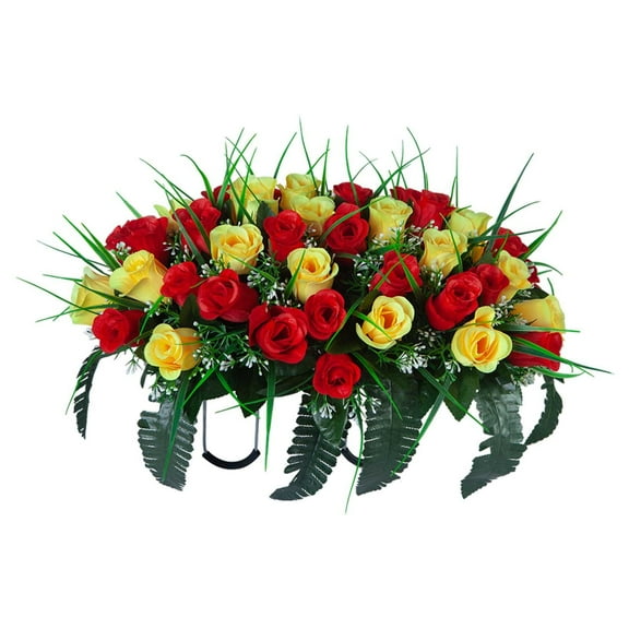 Artificial Cemetery Flower Saddles for Headstones - Red and Yellow Memorial Rose Grave Decorations, Large Outdoor Tombstone Flower Arrangements, Durable Grave Saddle Decor