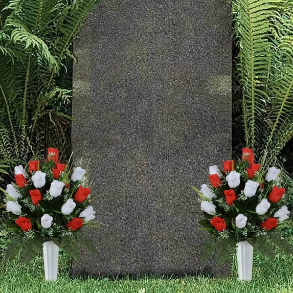 Artificial Cemetery Flowers 24 Heads Red Silk Rose Bouquet Grave Decor For Cemetery Headstone Memorial Day Home Outdoor Wedding Patio Grave Decoration Sympathy Tribute Memorial Floral Arrangement