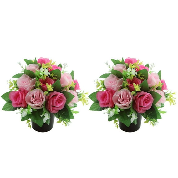 Artificial Cemetery Flowers - 2PCS Memorial Rose Bouquets with Vase - Silk Grave Flowers for Headstones - Outdoor UV Resistant Grave Decorations - Red Rose Arrangements