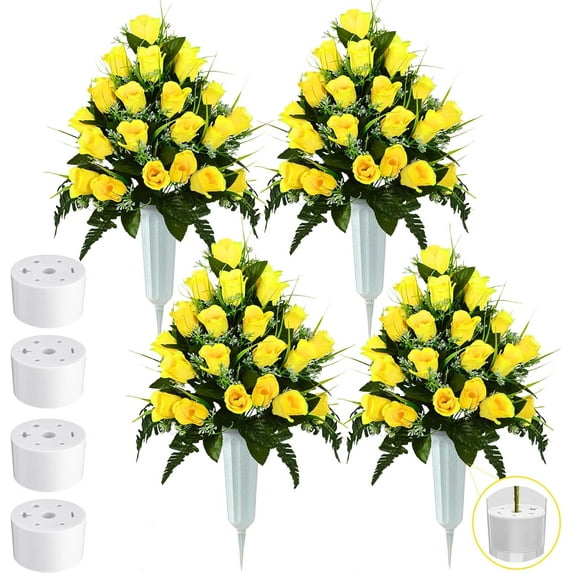 Artificial Cemetery Flowers 96 Heads Artificial Rose Bouquet Grave Flowers for Cemetery Flower Arrangement with Vase Silk Memorial Flowers for Headstone Decor Outdoor (Yellow)