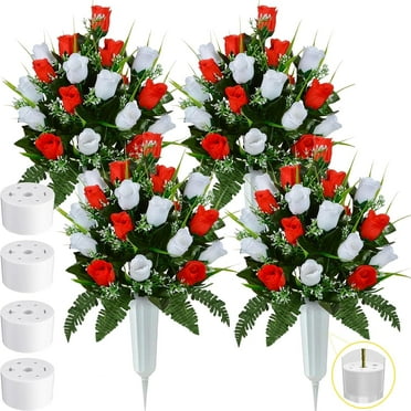 Artificial Cemetery Flowers 96 Heads Artificial Rose Bouquet Grave Flowers for Cemetery Flower Arrangement with Vase Silk Memorial Flowers for Headstone Decor Outdoor (Red, White)