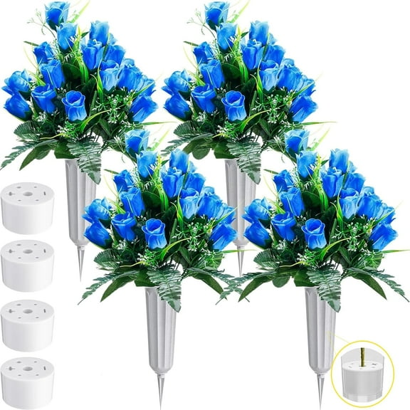 Artificial Cemetery Flowers 96 Heads Artificial Rose Bouquet Grave Flowers for Cemetery Flower Arrangement with Vase Silk Memorial Flowers for Headstone Decor Outdoor (Gradient Blue)