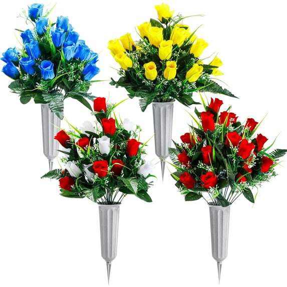 Cemetery Flowers for Grave 96 Heads Artificial Rose Bouquet Arrangement with Vase Silk Memorial Flowers for Christmas Memorial Day(Yellow)