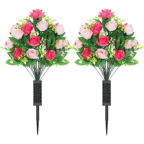 Artificial Cemetery Flowers,Artificial Cemetery Flowers with Vase,Memorial Flowers,Artificial Rose Bouquet Graveyard Memorial Flowers for Graveyard Headstones Decoration (Pink and red)
