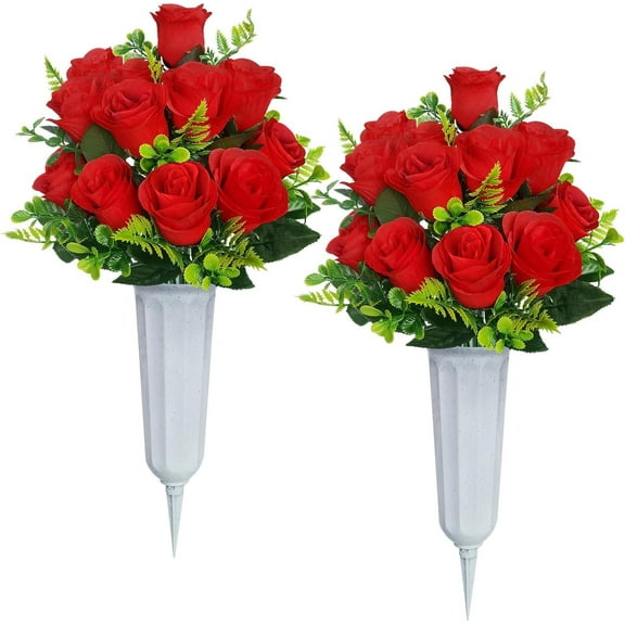 Artificial Cemetery Flowers,Artificial Rose Flowers with Vase,Memorial Flowers Bouquet for Cemetery,Outdoor Grave Headstones Decoration (Purple)