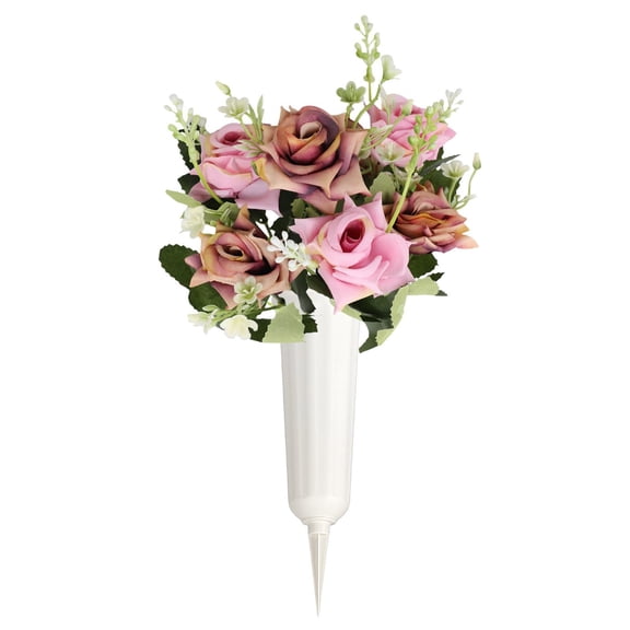 Artificial Cemetery Flowers, Dark Pink Roses Bouquet with Ground Stake Vase, Weatherproof UV Resistant Realistic Silk Roses, Memorial Flowers for Cemetery Grave Decorations, Outdoor Tombstone Decor