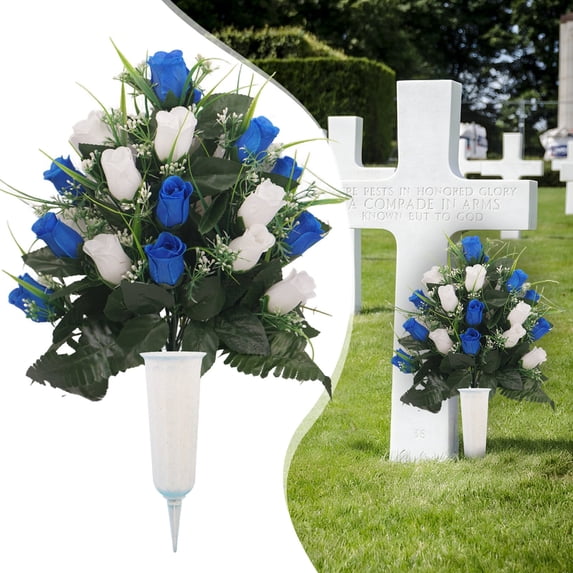 Artificial Cemetery Flowers for Grave, 1 Artificial Flowers for Cemetery Memorial, Realistic UV Resistant Silk Rose Fern with Vase for Outdoor Memorial Day Grave Decorations