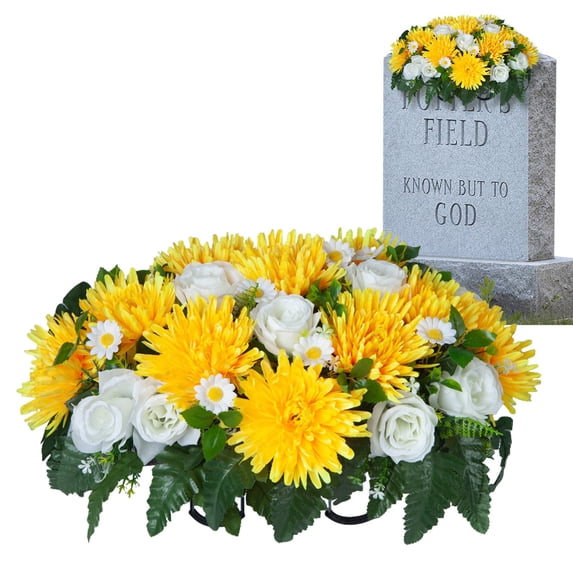 Artificial Cemetery Flowers for Grave,25"x18.5" Large Headstone Flower Saddle Realistic Grave Flowers Memorial Silk Daisy Lily Rose Flowers for Headstone Grave Decoration(Yellow)