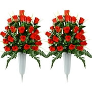 HANGTANWAN Artificial Cemetery Flowers, Grave Decorations Roses, Memorial Flowers Bouquet with Cemetery Vase, 2 Sets (Red)