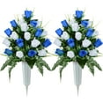 thumbnail image 1 of Artificial Cemetery Flowers, Grave Decorations Roses, Memorial Flowers Bouquet with Cemetery Vase, (Blue), 1 of 1