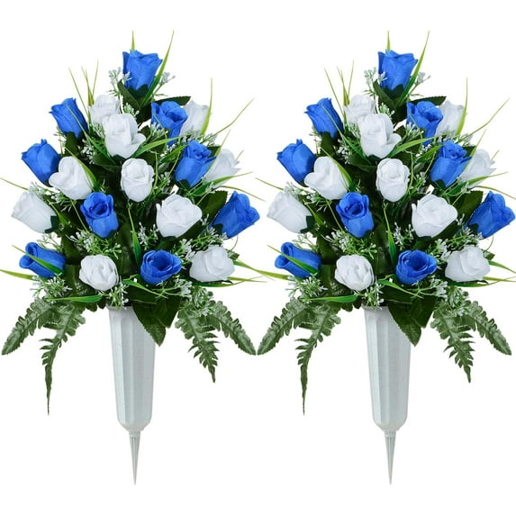 Artificial Cemetery Flowers, Grave Decorations Roses, Memorial Flowers Bouquet with Cemetery Vase, (Blue)