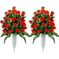 thumbnail image 1 of Artificial Cemetery Flowers, Grave Decorations Roses, Memorial Flowers Bouquet with Cemetery Vase, (Red), 1 of 1
