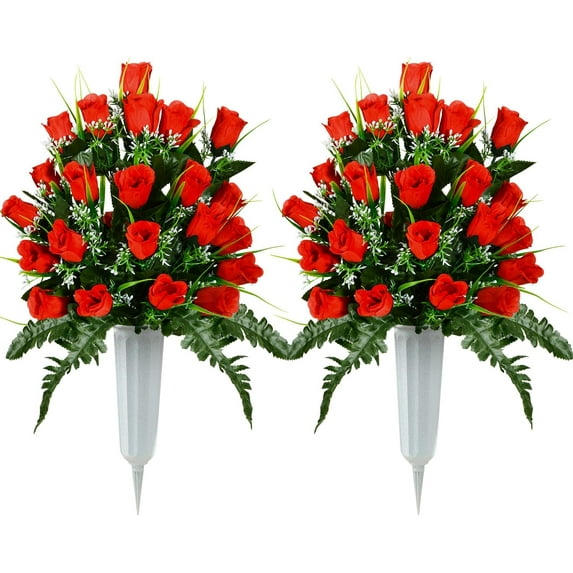 Artificial Cemetery Flowers, Grave Decorations Roses, Memorial Flowers Bouquet with Cemetery Vase, (Red)