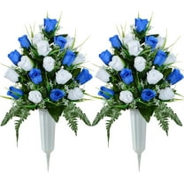 Artificial Cemetery Flowers, Grave Decorations Roses, Memorial Flowers Bouquet with Cemetery Vase, Sets (Blue)