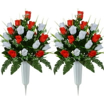 Artificial Cemetery Flowers, Grave Decorations Roses, Memorial Flowers Bouquet with Cemetery Vase, Sets (Red&White)