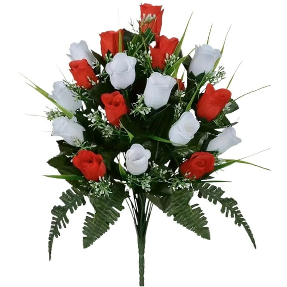 Artificial Cemetery Flowers, Grave Decorations Roses, Memorial Flowers Bouquet with Cemetery Vase (White & Red),White Red