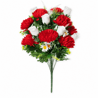 Artificial Cemetery Flowers for Grave with Vase, 24-Head Red Mums White Roses & Daisies Faux Flower Bouquet, Weather-Resistant Outdoor Grave Decorations with Ground Stake Vase for Memorial
