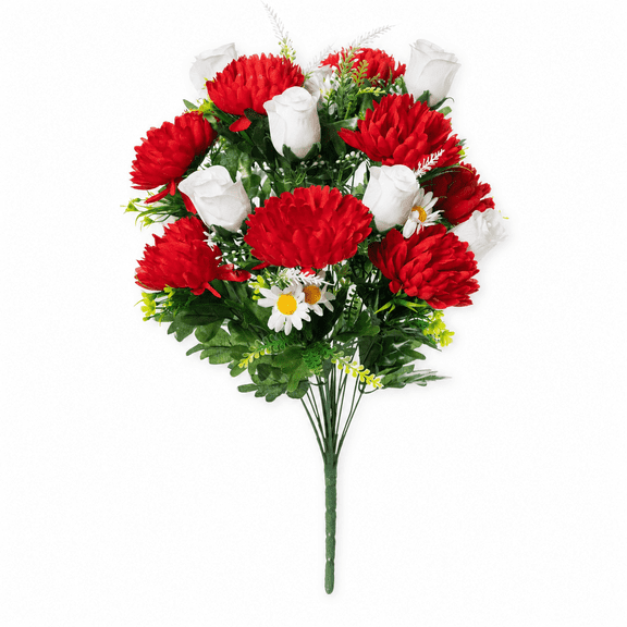 Artificial Cemetery Flowers for Grave with Vase, 24-Head Red Mums White Roses & Daisies Faux Flower Bouquet, Weather-Resistant Outdoor Grave Decorations with Ground Stake Vase for Memorial