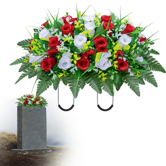 Artificial Cemetery Flowers for Grave,Headstone Flowers Saddle Outdoor Grave Saddle Memorial Silk Roses Flowers for Headstone Grave Decoration Non-Fading Easy Fit