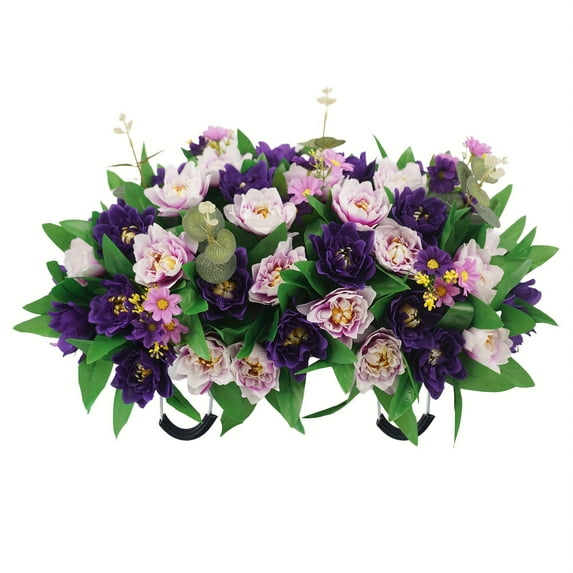 Artificial Cemetery Flowers, Grave Memorial Flowers, Graveyard Headstones Monument Decoration, Outdoor Grave Decorations (Purple Pink)