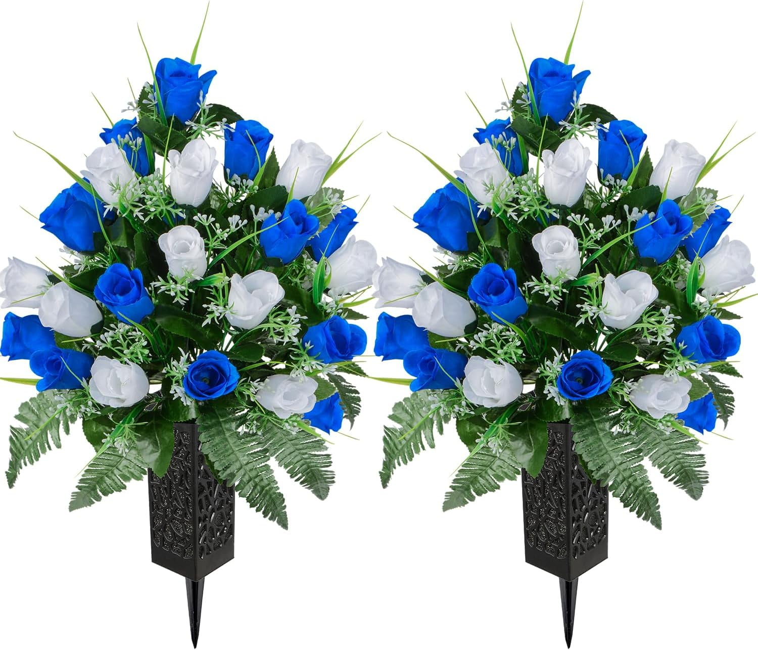 Artificial Cemetery Flowers, Grave Memorial Flowers with Vase, Artificial Rose Bouquet Decoration for Cemetery Headstones Gravesites, Set of 2 (Dark Blue & White), DBW24T