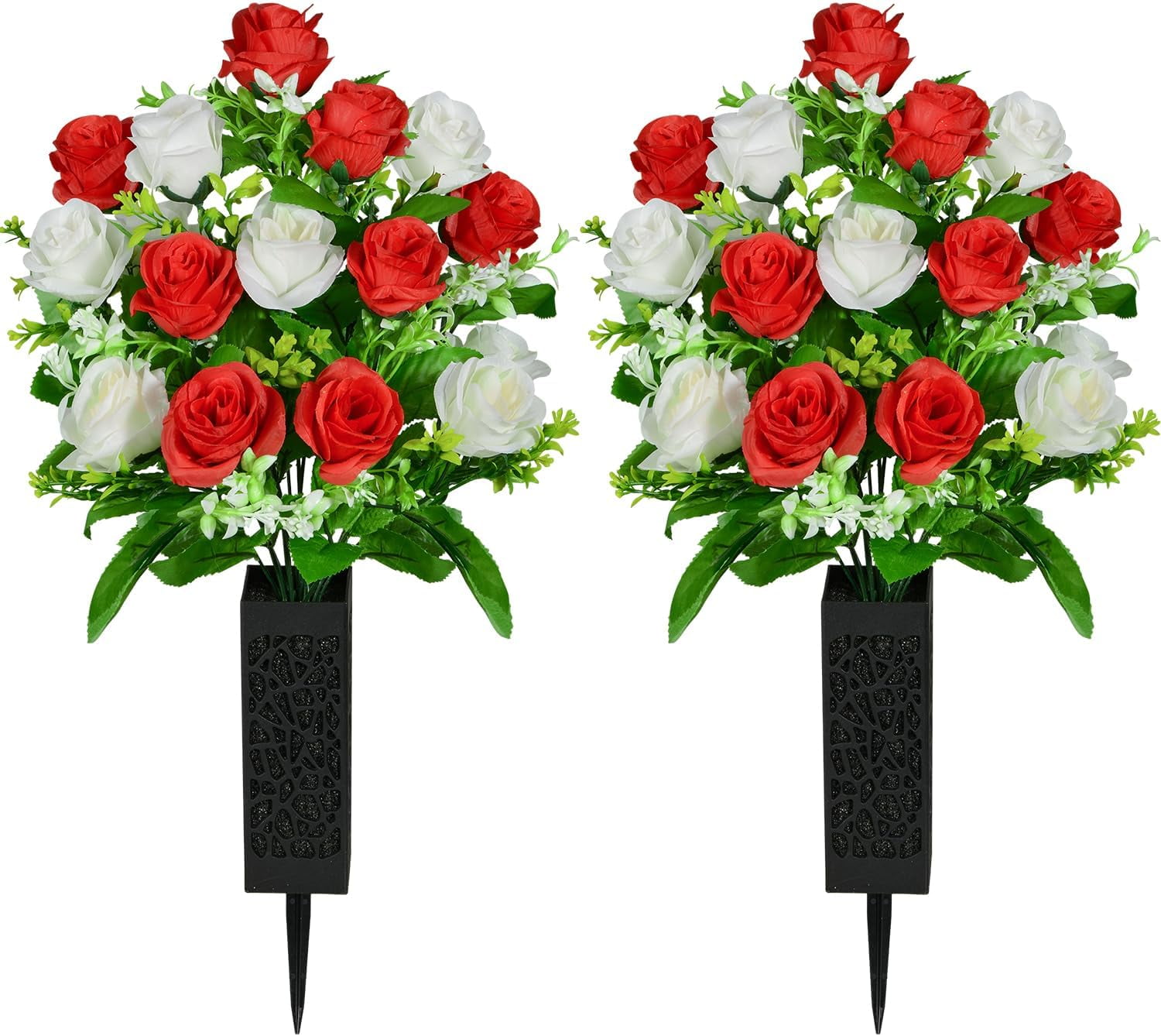 Artificial Cemetery Flowers, Grave Memorial Flowers with Vase, Artificial Rose Bouquet Decoration for Cemetery Headstones Gravesites, Set of 2 (Yellow), White