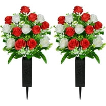 Artificial Cemetery Flowers, Grave Memorial Flowers with Vase, Artificial Rose Bouquet Decoration for Cemetery Headstones Gravesites, Set of 2 (Yellow), White