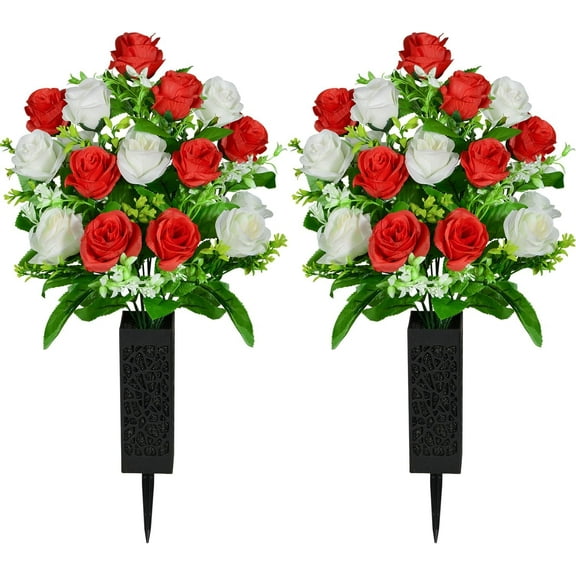 Artificial Cemetery Flowers, Grave Memorial Flowers with Vase, Artificial Rose Bouquet Decoration for Cemetery Headstones Gravesites, Set of 2 (Yellow), White