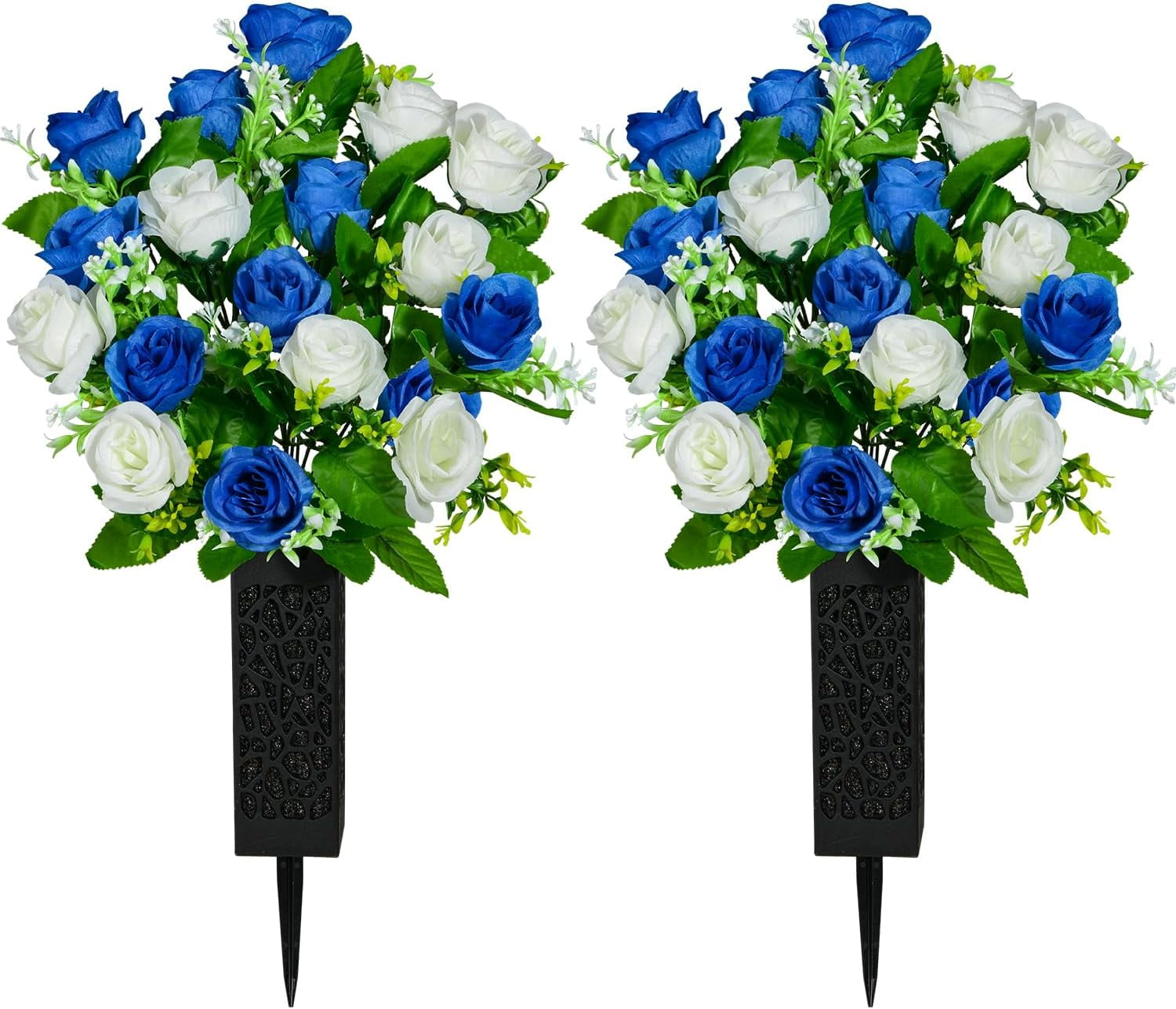Artificial Cemetery Flowers, Grave Memorial Flowers with Vase, Artificial Rose Bouquet