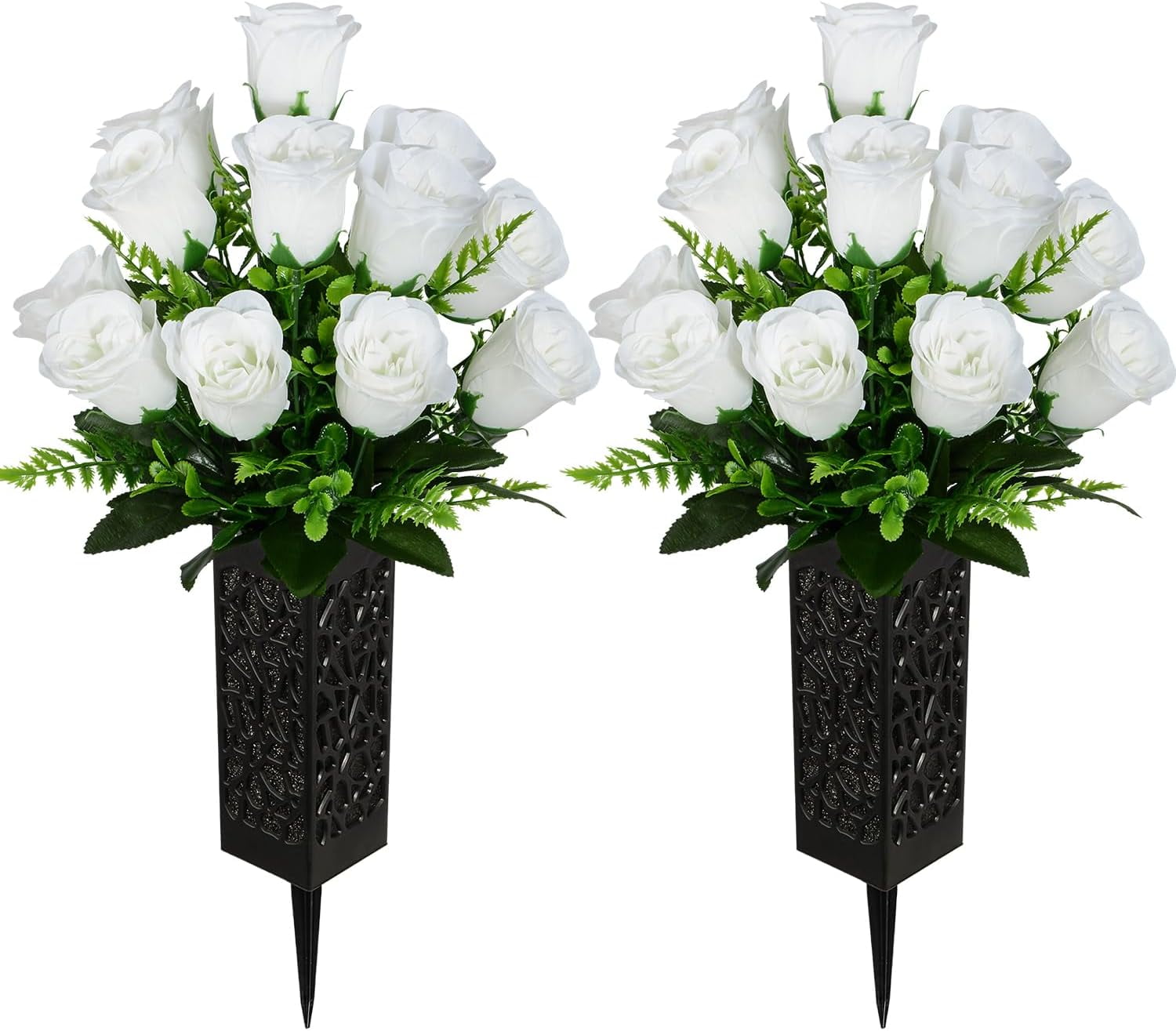 Artificial Cemetery Flowers, Grave Memorial Flowers with Vase, Artificial Rose Bouquet