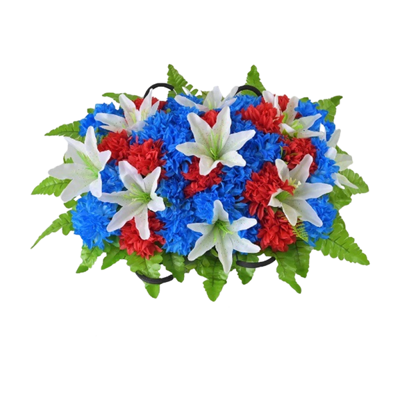Artificial Cemetery Flowers for Grave, Patriotic Headstone Flower Saddle Realistic Grave Decorations for Cemetery, Memorial Day Flowers with Lily Chrysanthemum for Headstone Cemetery Grave Decor