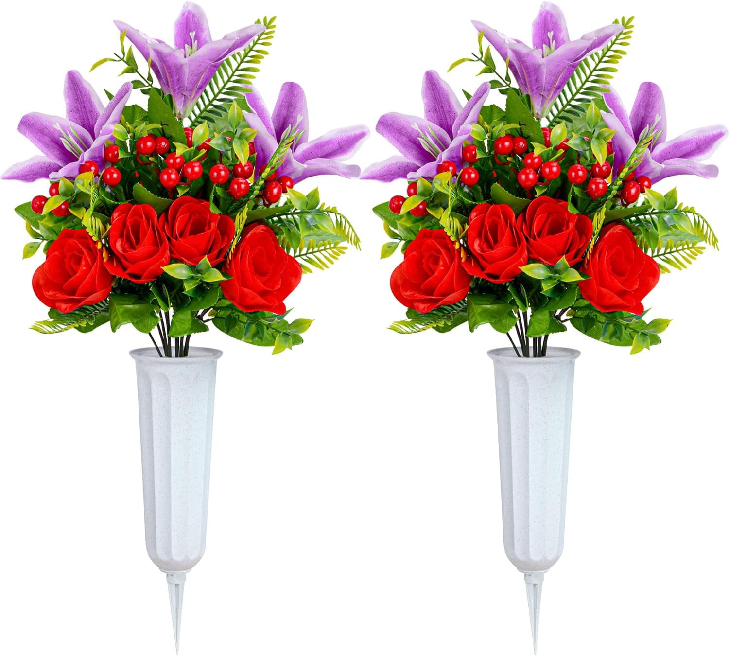 Artificial Cemetery Flowers for Grave, Set of 2 Artificial Memorial Flowers with Vase for Outdoor Cemetery Headstones Graveyard Gravestone Decoration (Red Lily&White Purple Peony)