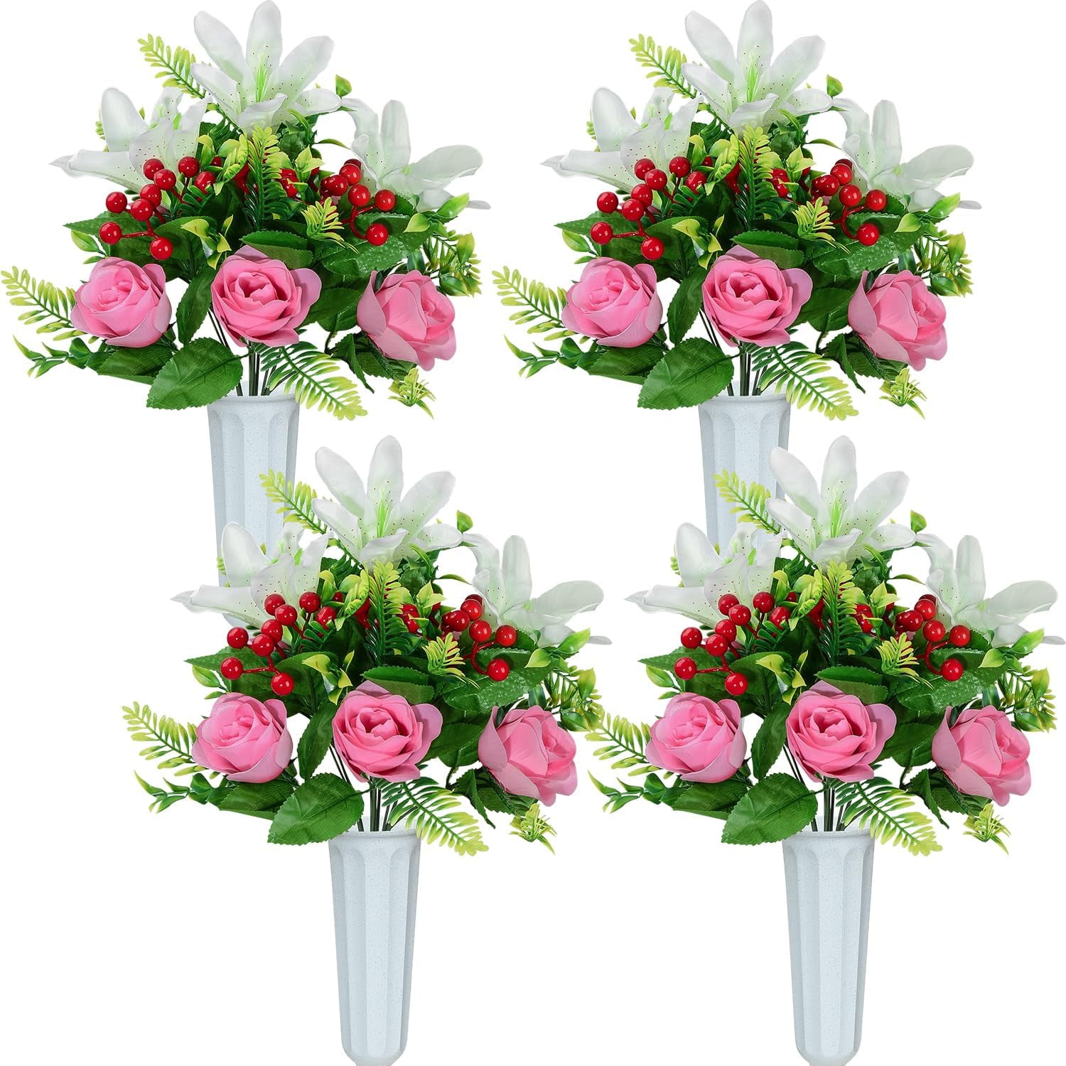 Artificial Cemetery Flowers for Grave, Set of 2 Artificial Memorial Flowers with Vase for Outdoor Cemetery Headstones Graveyard Gravestone Decoration (Red Lily&White Purple Peony)