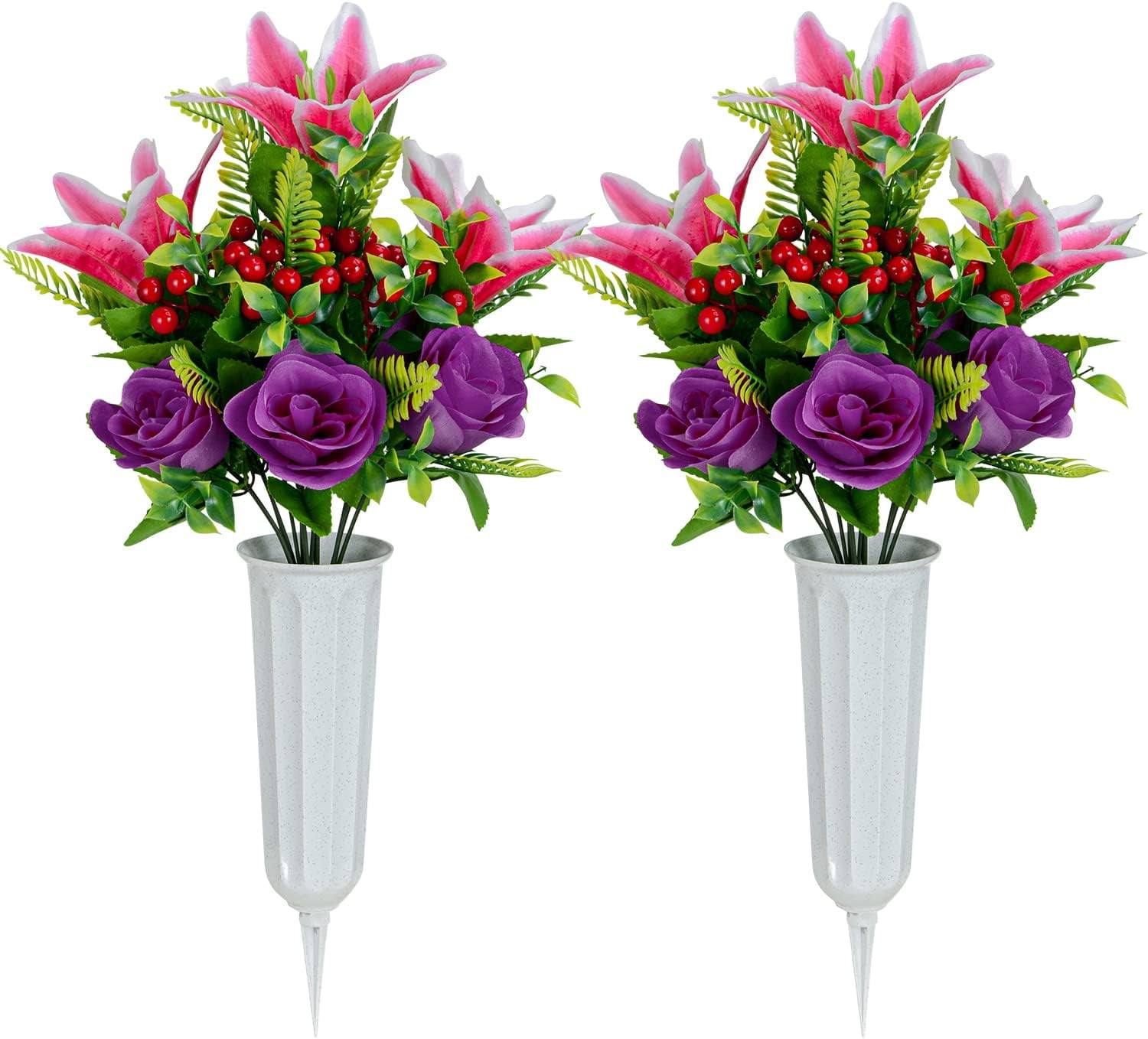 Artificial Cemetery Flowers for Grave, Set of 2 Artificial Memorial Flowers with Vase for Outdoor Cemetery Headstones Graveyard Gravestone Decoration (Red Lily&White Purple Peony)