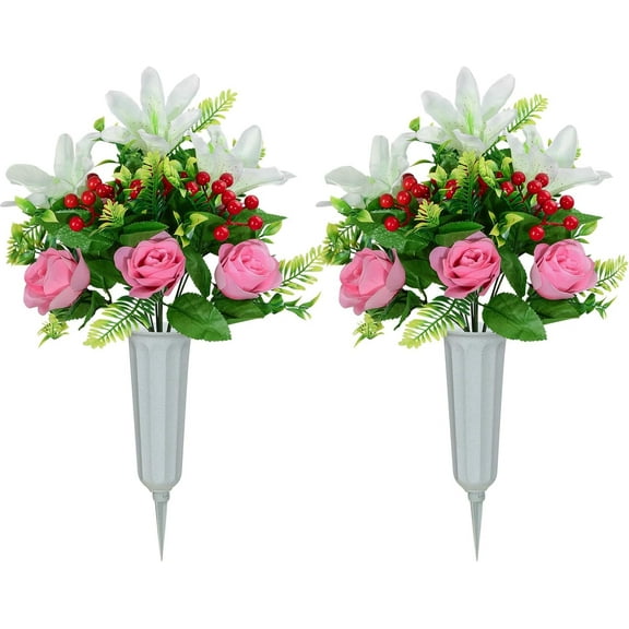 Artificial Cemetery Flowers for Grave, Set of 2 Artificial Memorial Flowers with Vase for Outdoor Cemetery Headstones Graveyard Gravestone Decoration (Red Lily&White Purple Peony)
