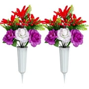 HANGTANWAN Artificial Cemetery Flowers for Grave, Set of 2 Artificial Memorial Flowers with Vase for Outdoor Cemetery Headstones Graveyard Gravestone Decoration (Red Lily&White Purple Peony)