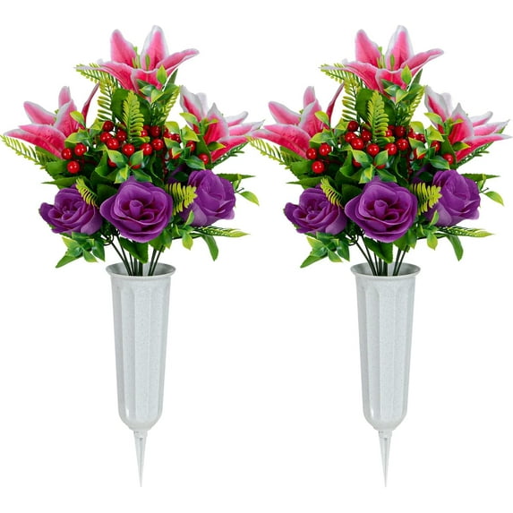 Artificial Cemetery Flowers for Grave, Set of Artificial Memorial Flowers with Vase for Outdoor Cemetery Headstones Graveyard Gravestone Decoration (Pink Lily&Purple Rose)