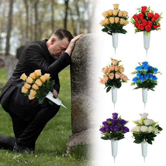 Artificial Cemetery Flowers for Graves Memorial Decor, Lifelike Roses with Vase Outdoor Grave Decoration, All Weather Headstone Flowers for Tombstone Arrangements 12 Head Clearance Sales