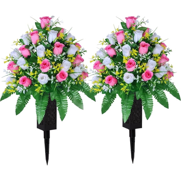 Artificial Cemetery Flowers, Gravesite Decoration Roses, Memorial Bouquets with Cemetery Vase, Vibrant and Long-Lasting Colors (Red + White, 2 Bundles)